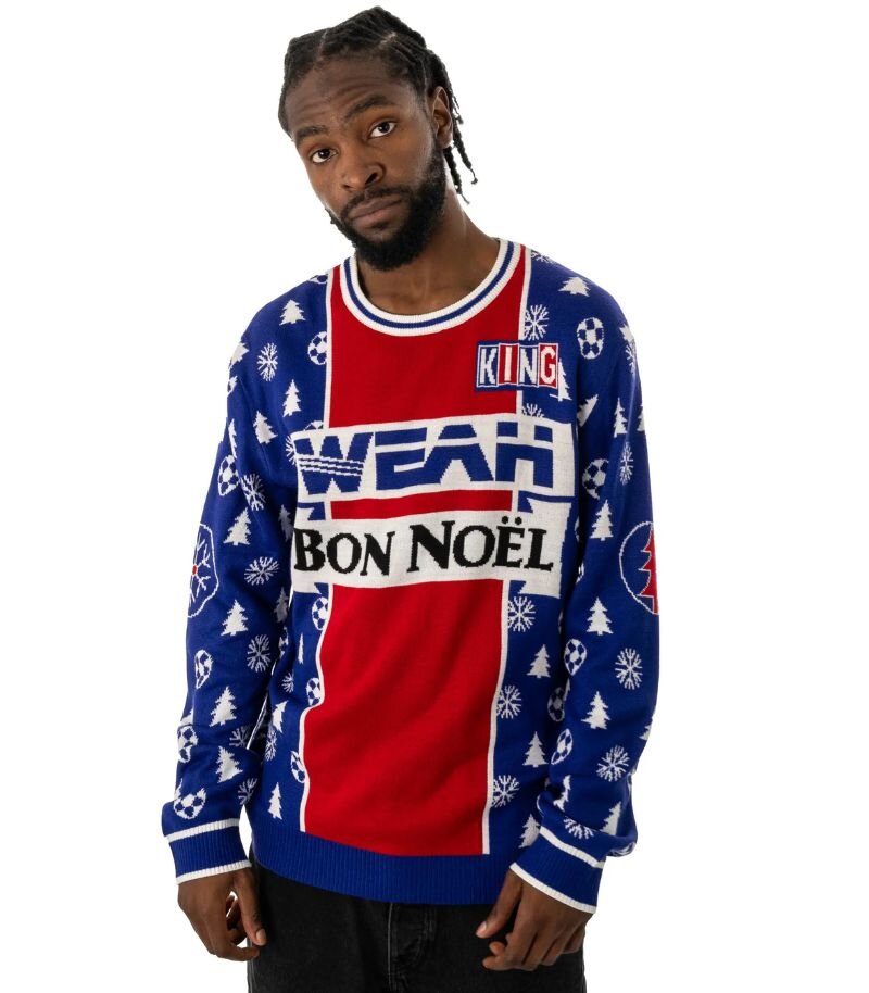 Weah christmas jumper in red and blue with white christmas trees and snowflakes on 